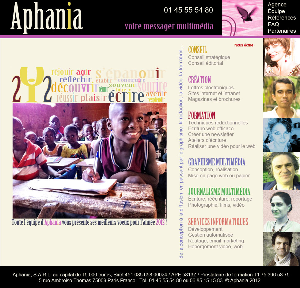 aphania page d'accueil, agence multimédia